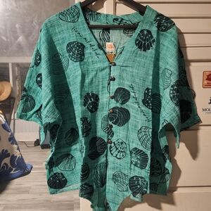 KEALOPIKO WAHINE TIE ALOHA SHIRT - SIZE XL - OLEPE PRINT - TEAL/BLUE COLOR